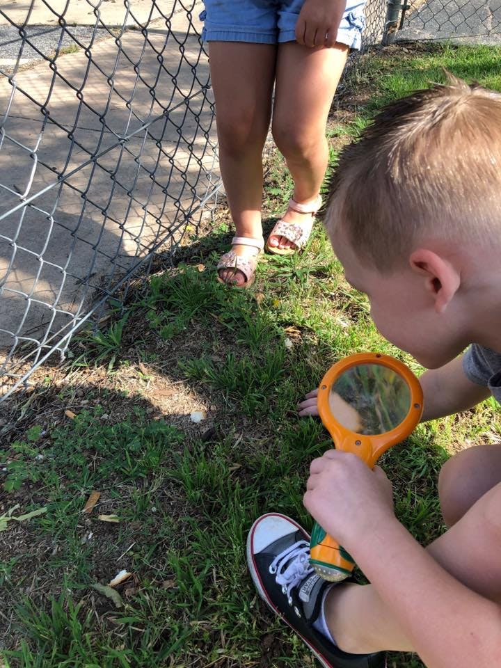 Child looking at grass with a magnifying glass
