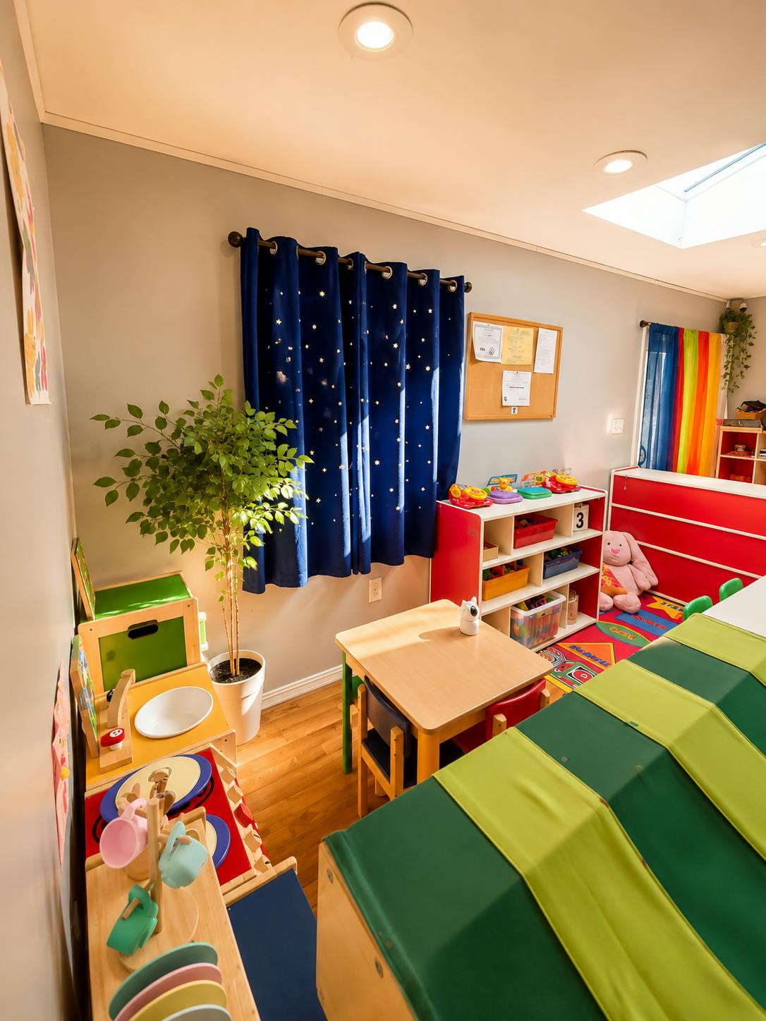 Playroom with a child-sized table, toy storage shelves, and play kitchen