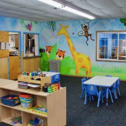 Classroom with jungle mural and small tables