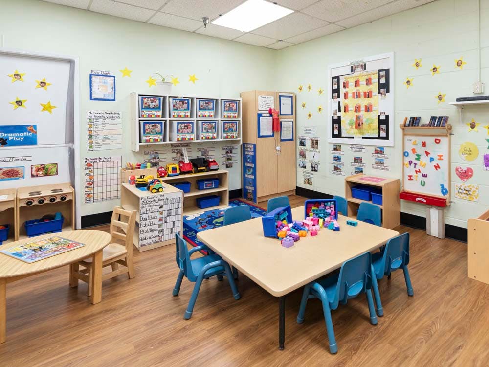 Colorful classroom with tables, chairs, toys, and learning materials