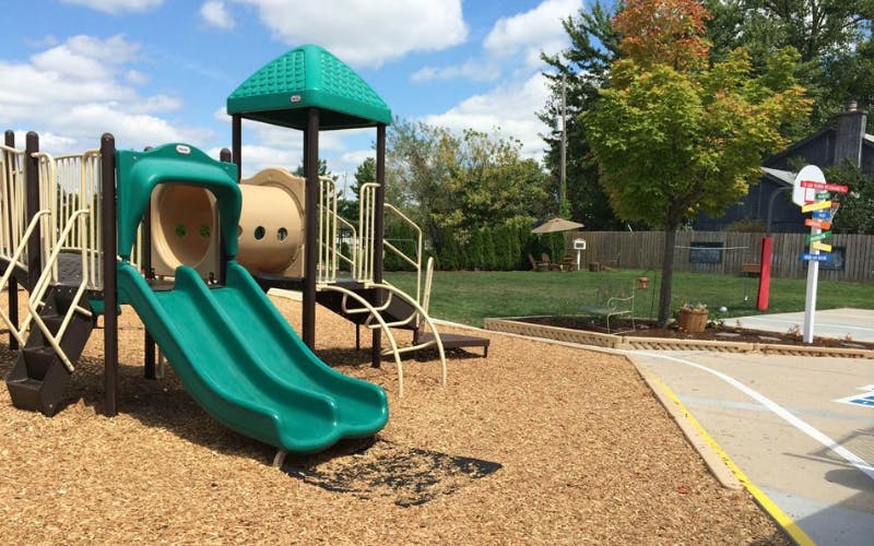 Playground equipment with green slides on wood chips