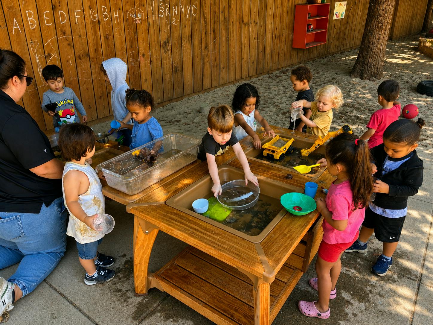 Children playing with water and toys at a sensory table outdoors