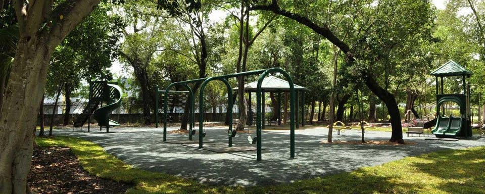 Playground with swings, slides, and climbing structures under trees