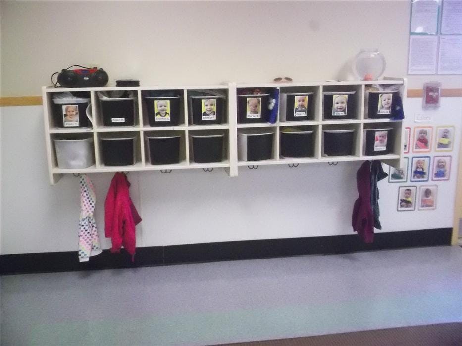 Classroom cubbies with name tags for children
