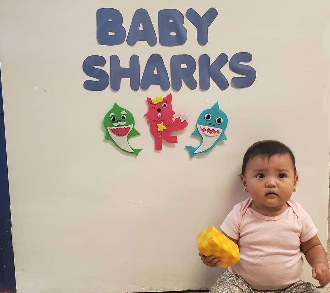 Child holding a yellow object in front of a "Baby Sharks" sign with shark cutouts