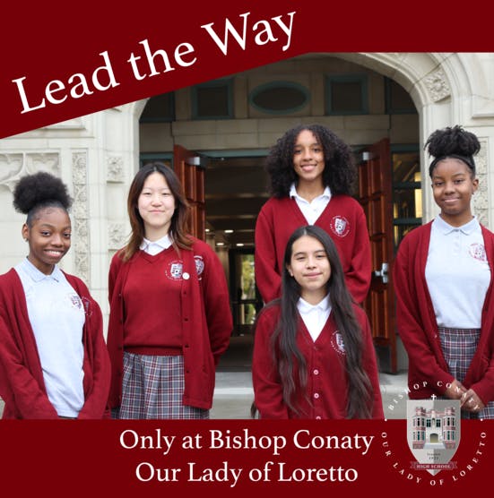 Five teens in red cardigans and school uniforms standing in front of a building