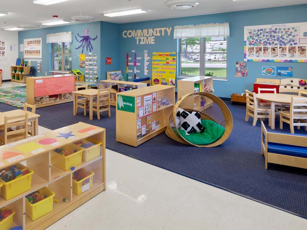 A colorful empty preschool classroom with small tables, chairs, and play areas
