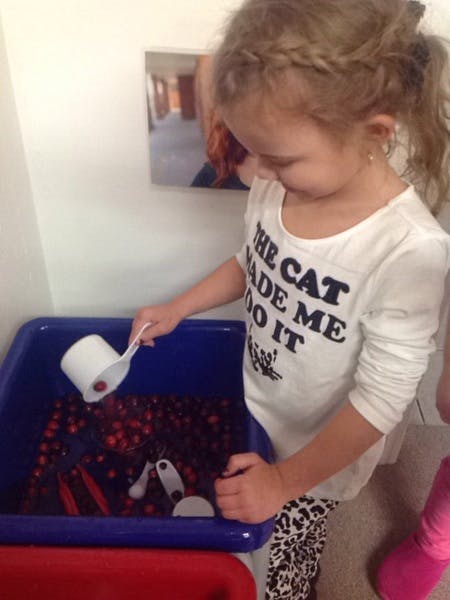 Child scooping red berries from a blue bin