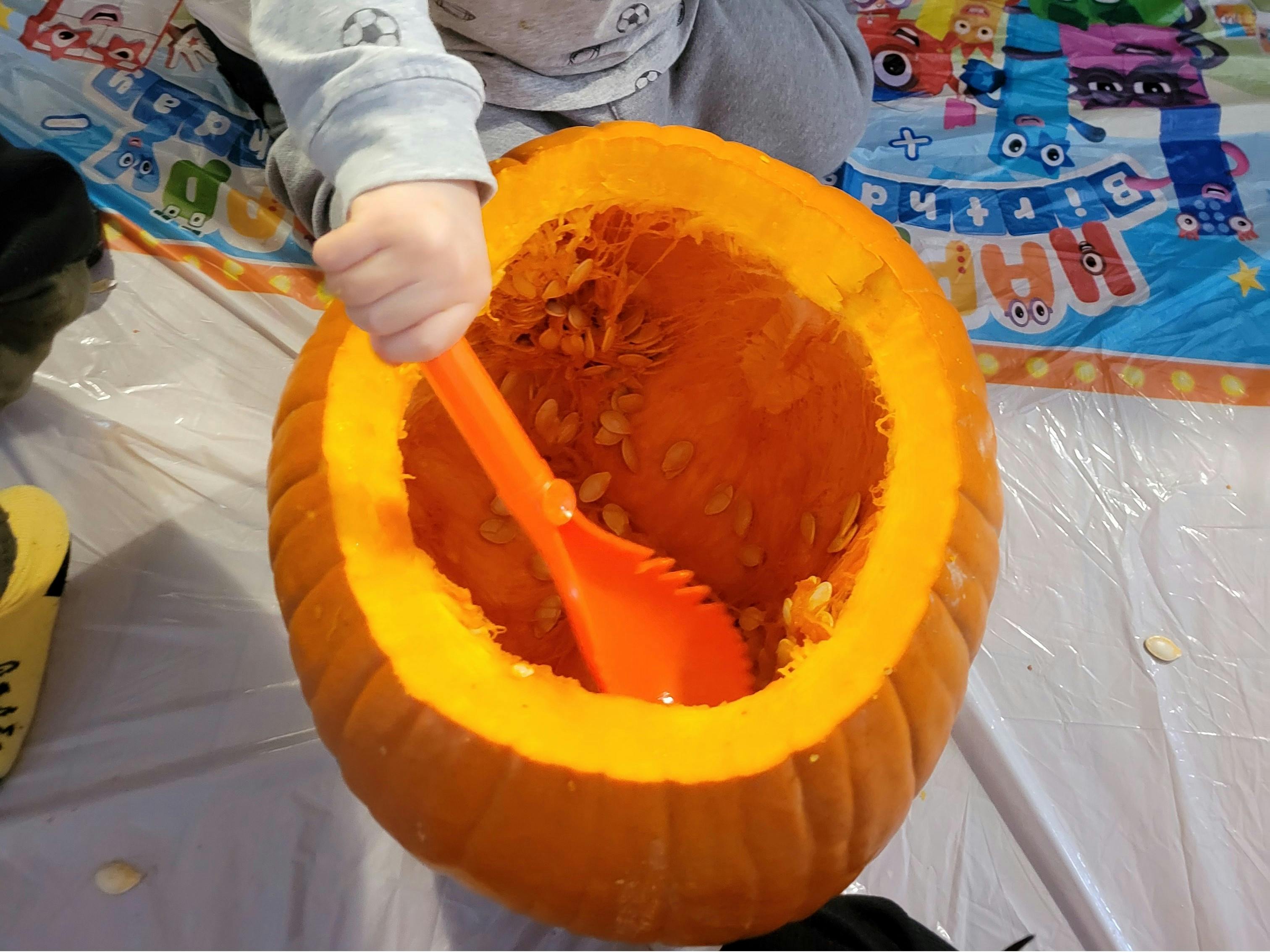 Child scooping out the inside of a pumpkin with an orange tool