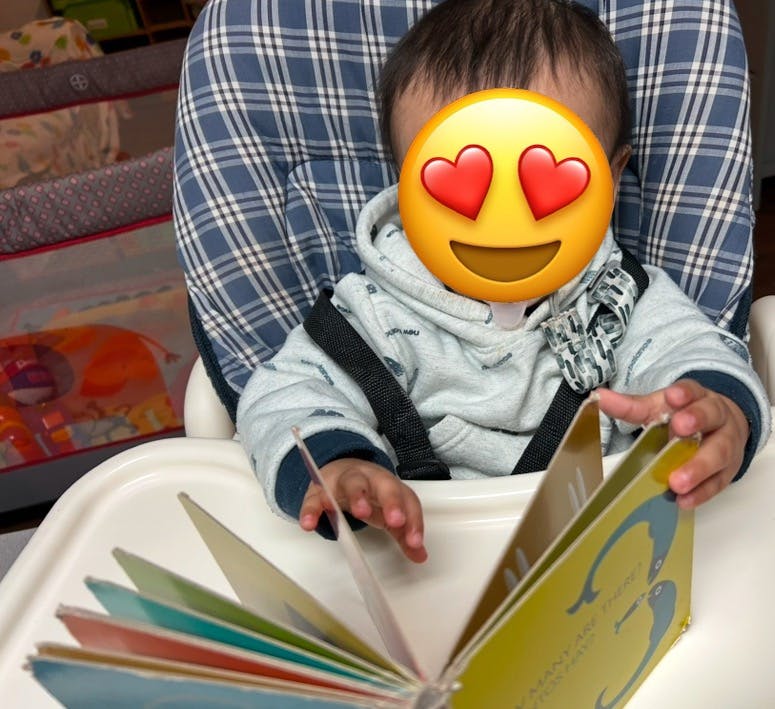 Child in a high chair looking at an open book