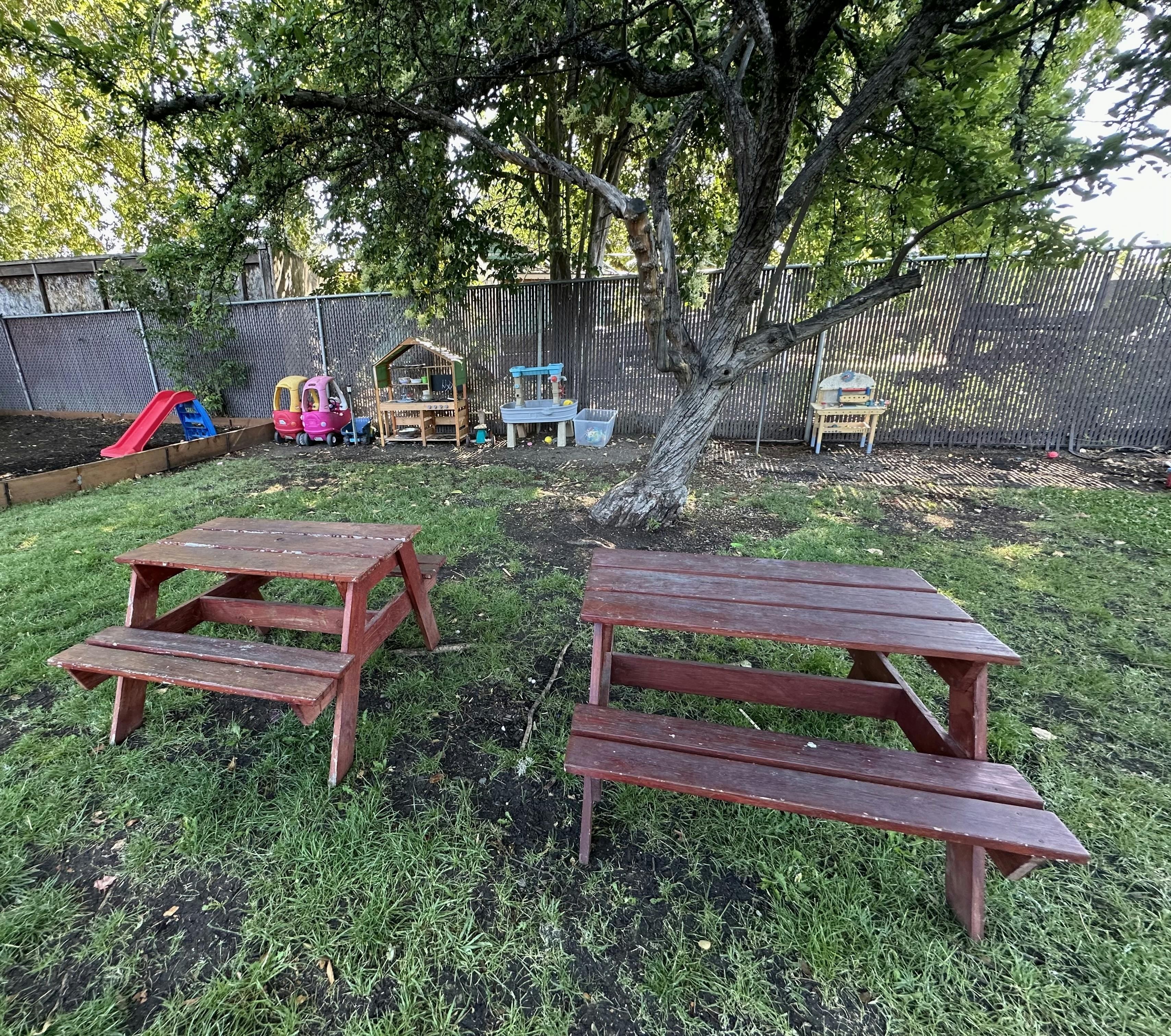 Wooden picnic tables on a lawn with children's play equipment in the background