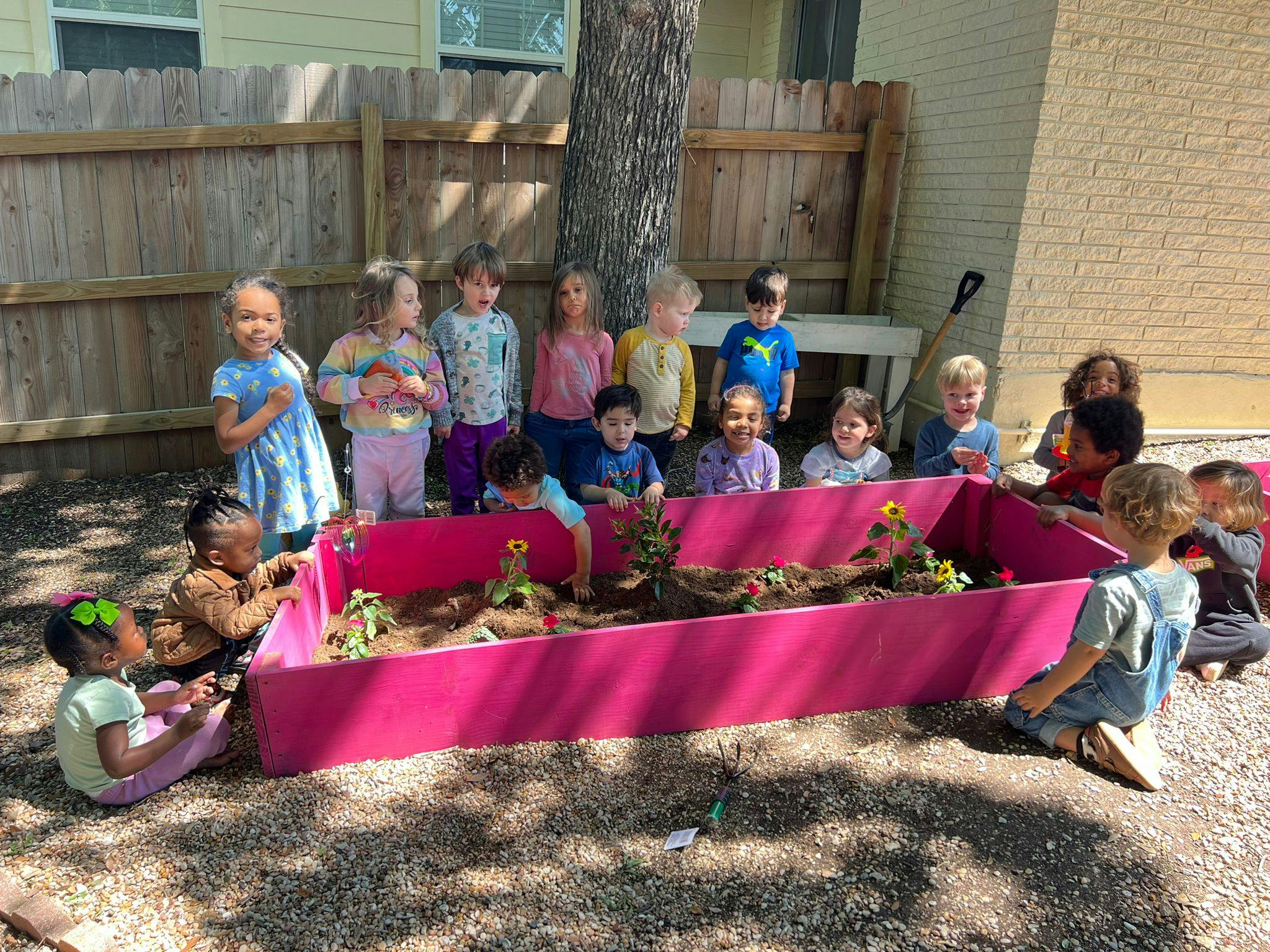 Children gathered around a pink planter box outdoors