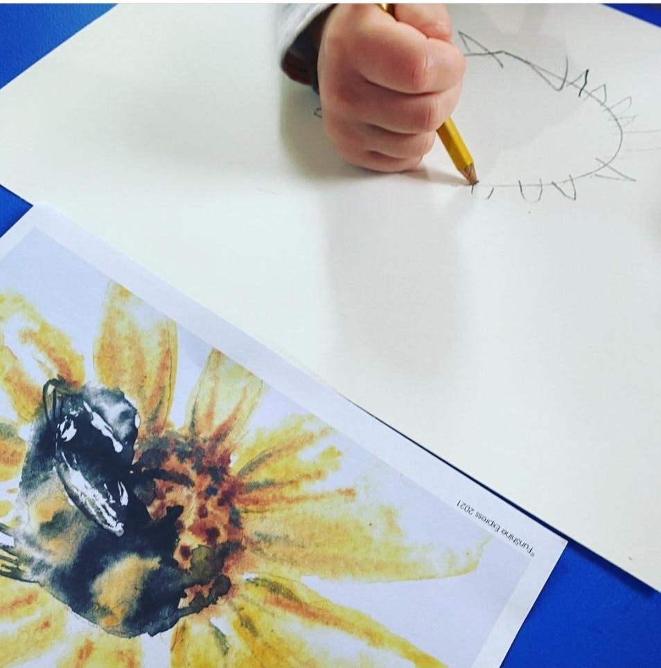 Child drawing with a pencil next to a picture of a bee on a flower