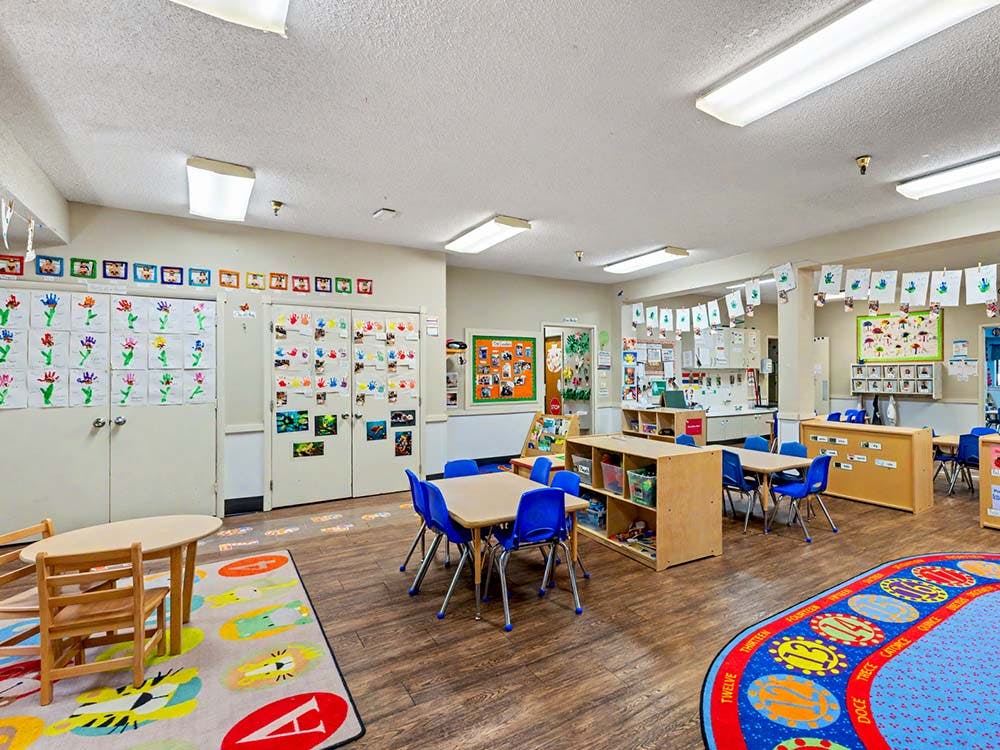 Colorful and organized classroom with small tables and chairs