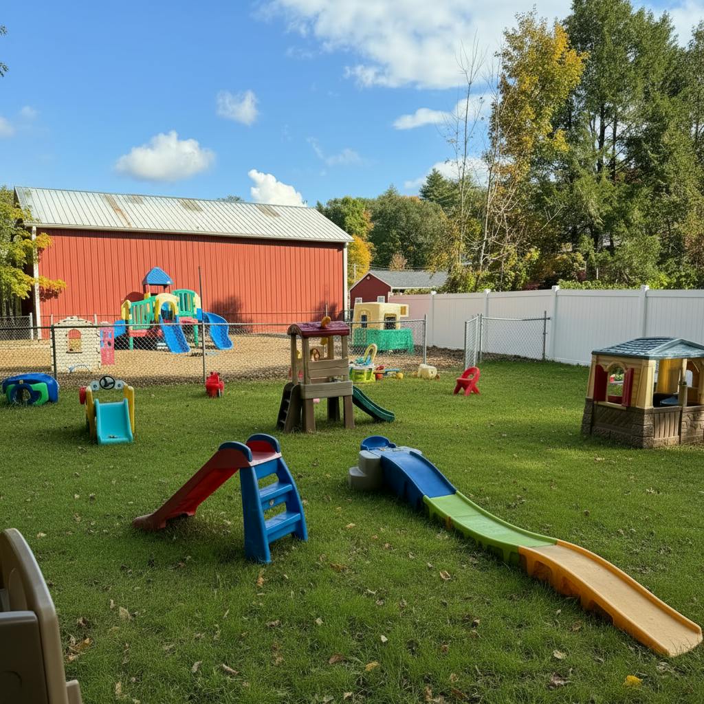 Outdoor playground with multiple slides, playhouses, and a red barn