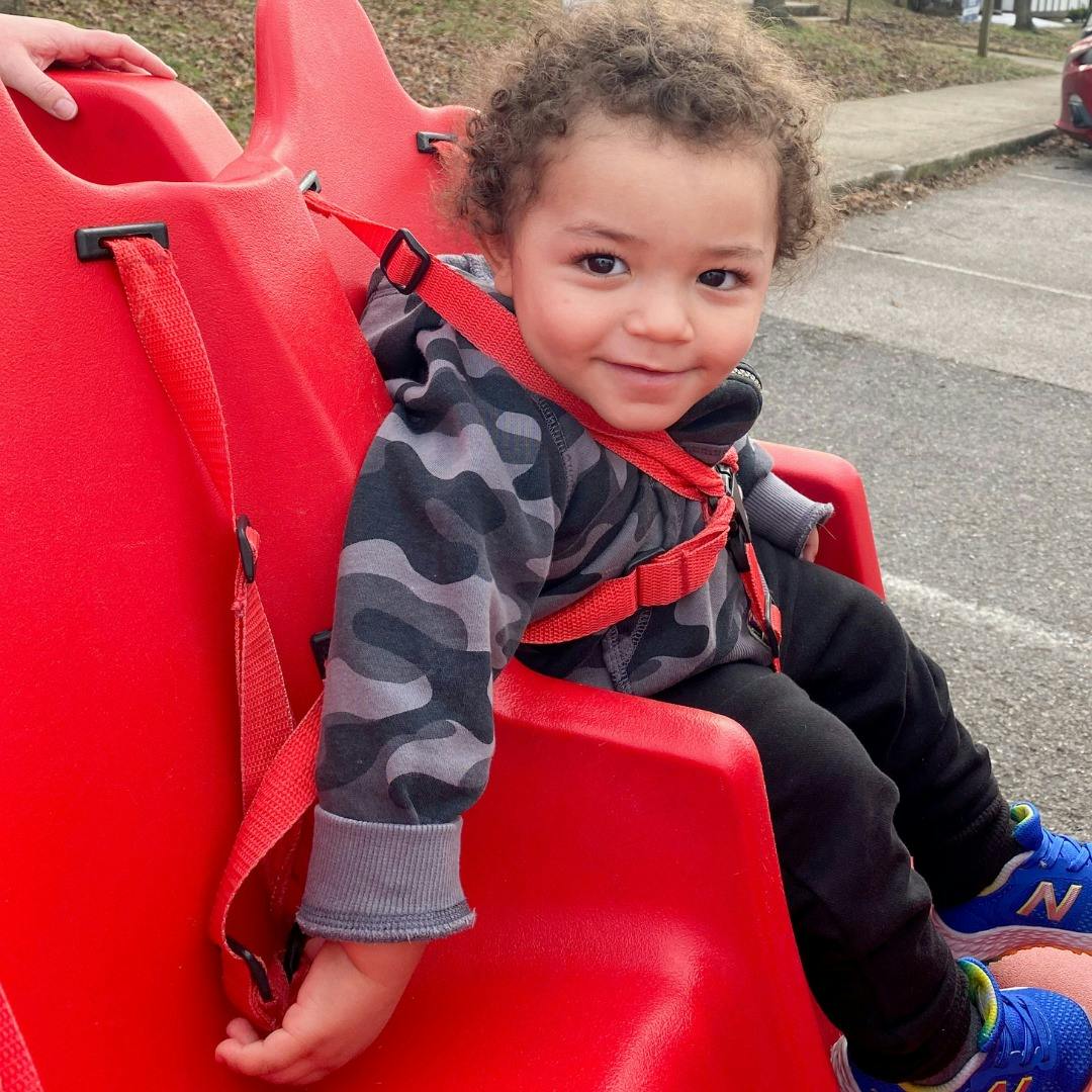 Child in a red sled with a harness