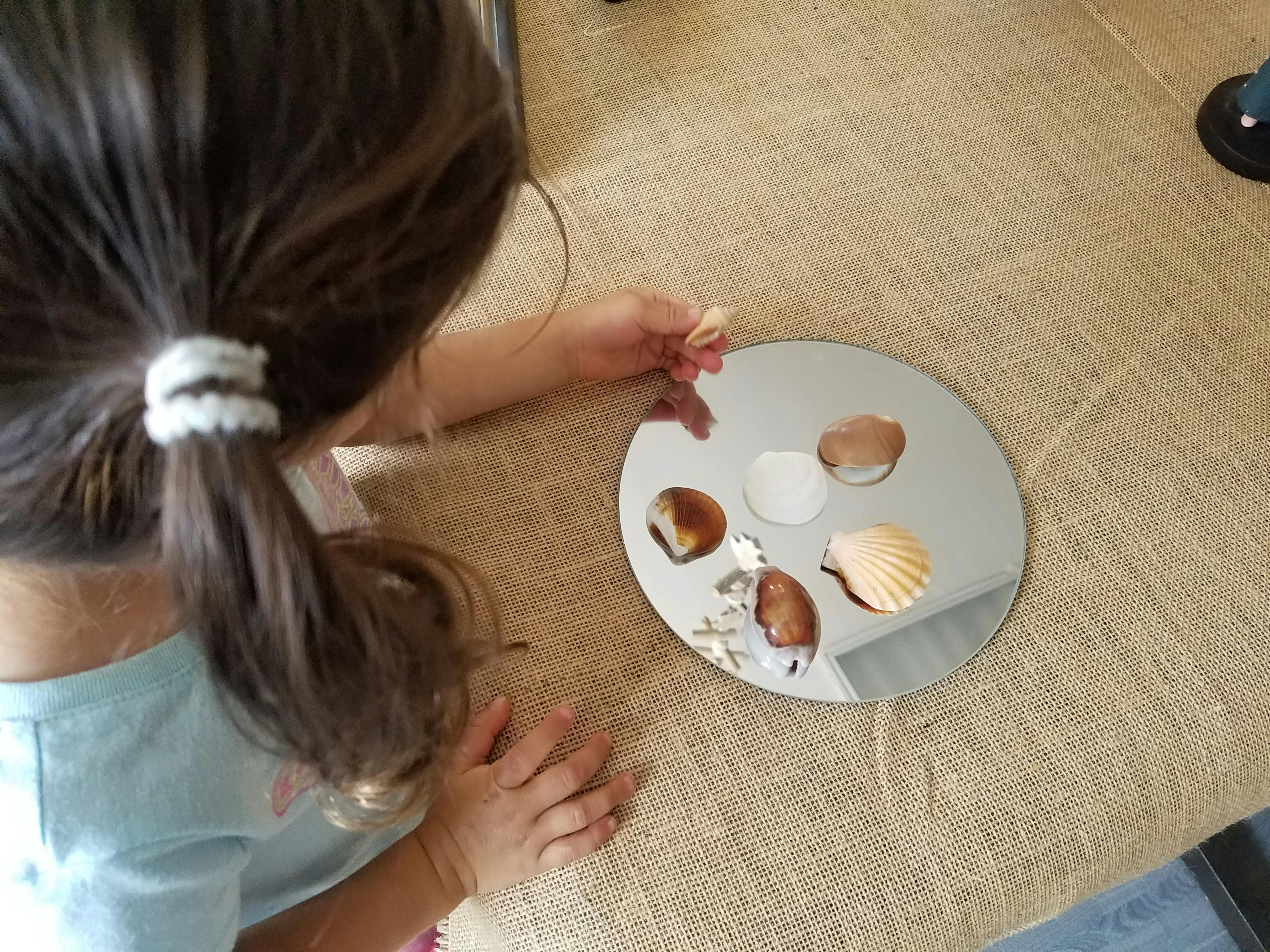 Child playing with seashells on a mirror