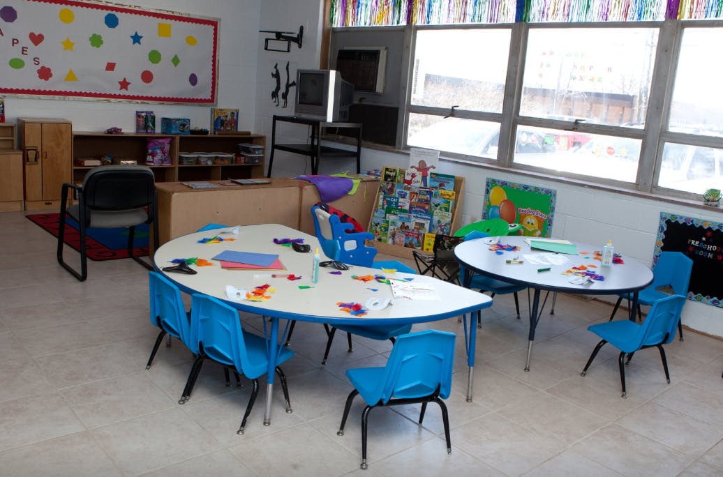 Classroom with tables and chairs