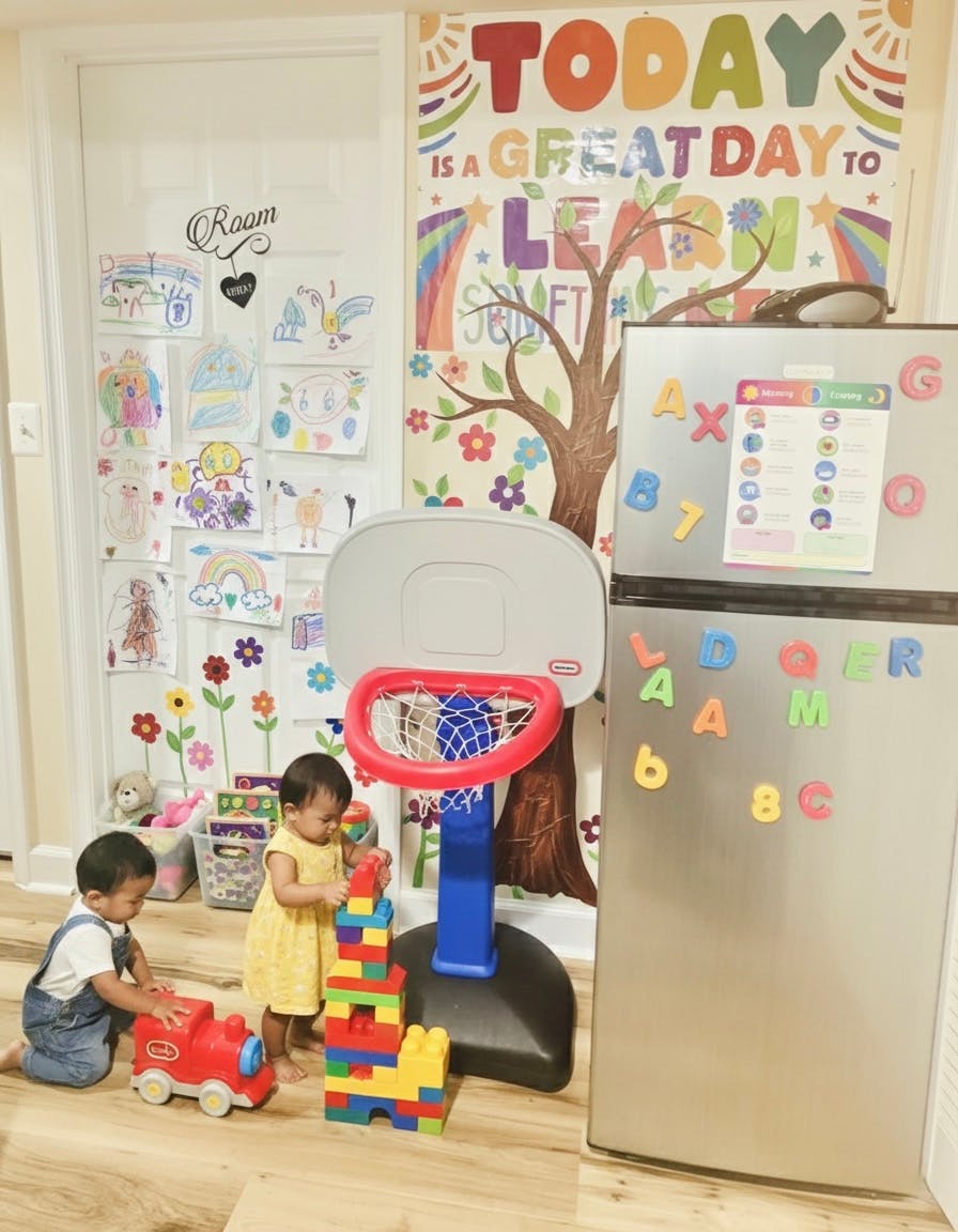 Two young children playing with building blocks and a toy train