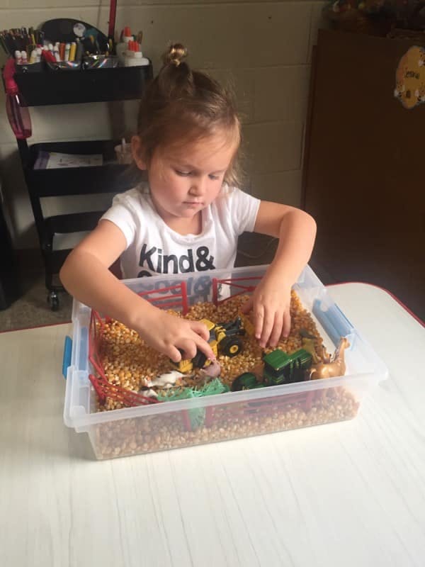Child playing with toy tractors in a bin of corn kernels