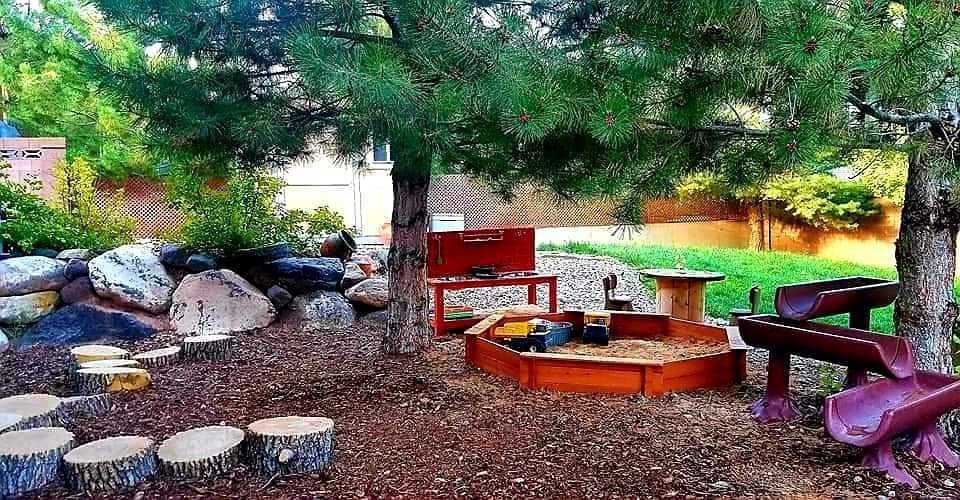 Outdoor play area with sandbox, tree stumps, and wooden water channels
