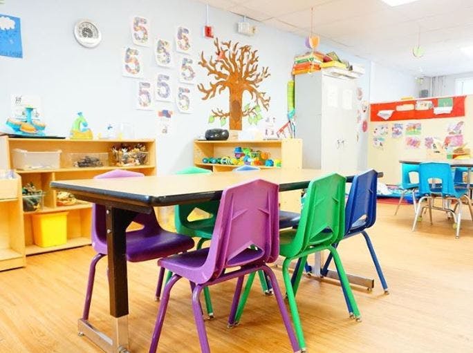 Classroom with small tables and colorful chairs