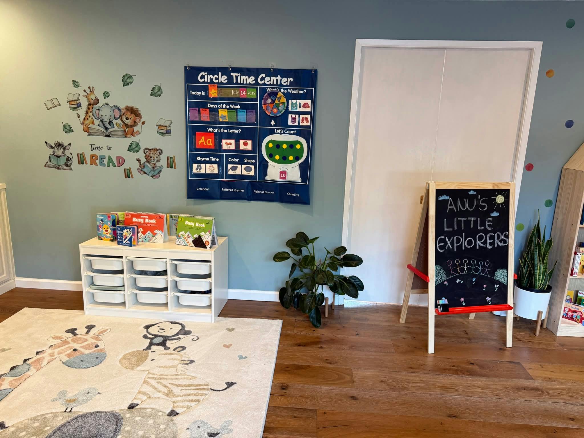 Classroom with a Circle Time Center chart, storage unit, and chalkboard
