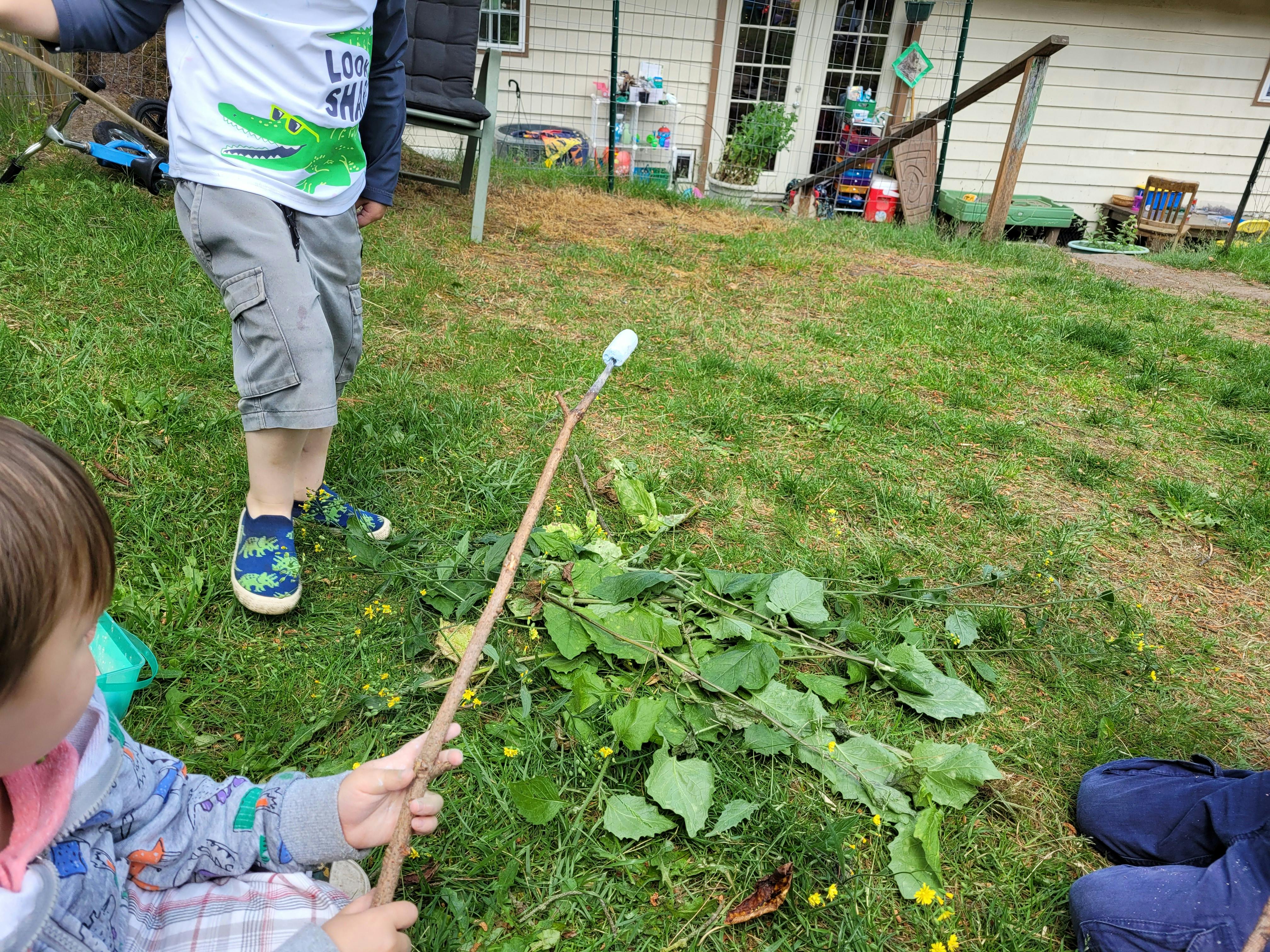 Child holding a stick with a marshmallow on the end