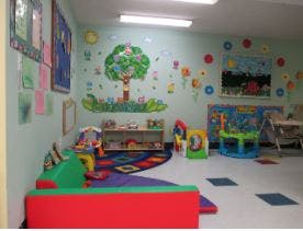 Playroom with colorful wall decorations and toys