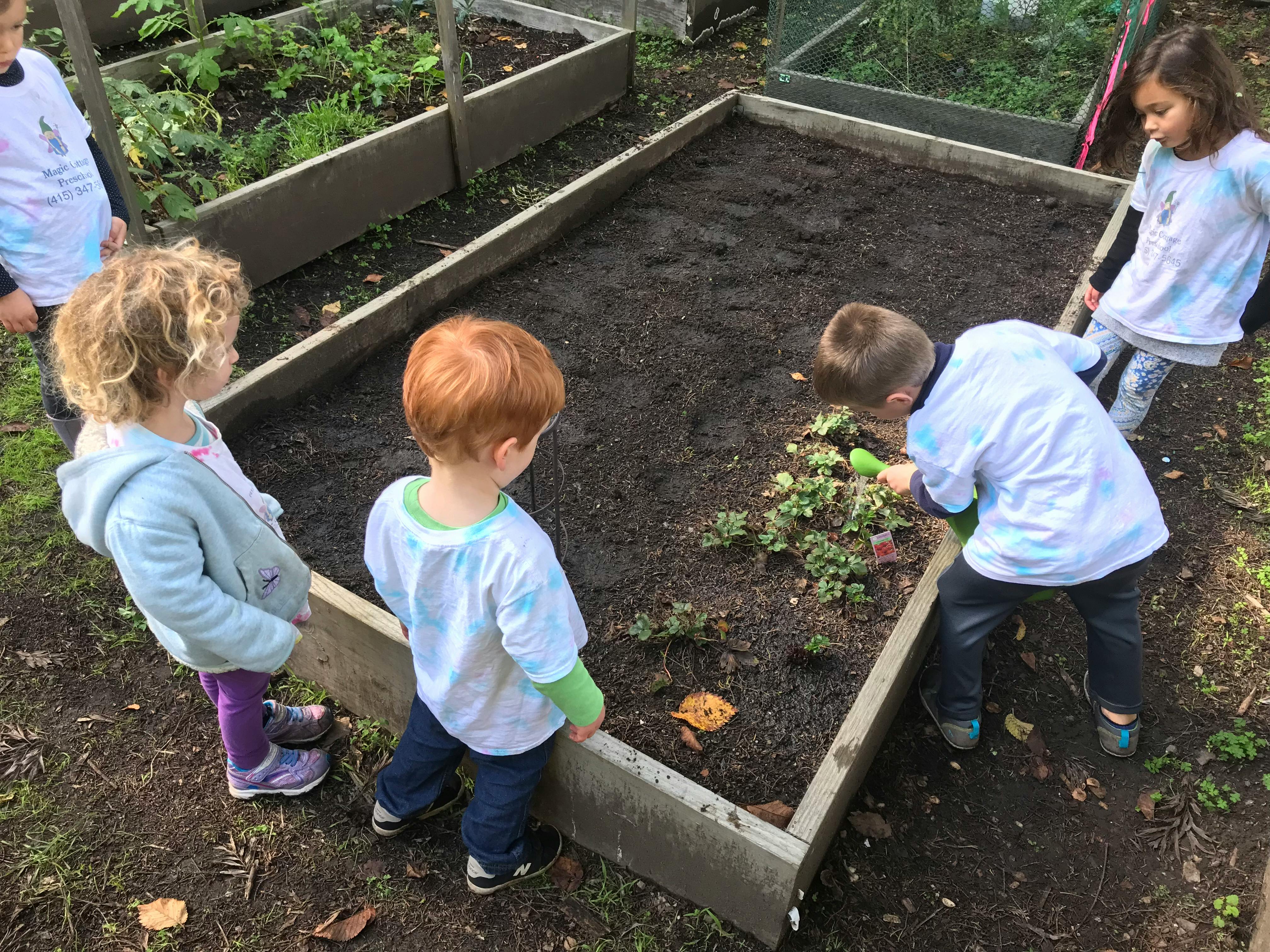 Children tending to plants in a raised garden bed