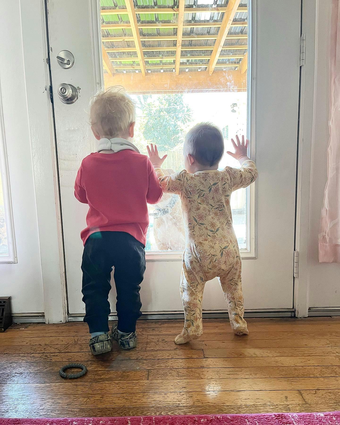 Two children looking out a glass door