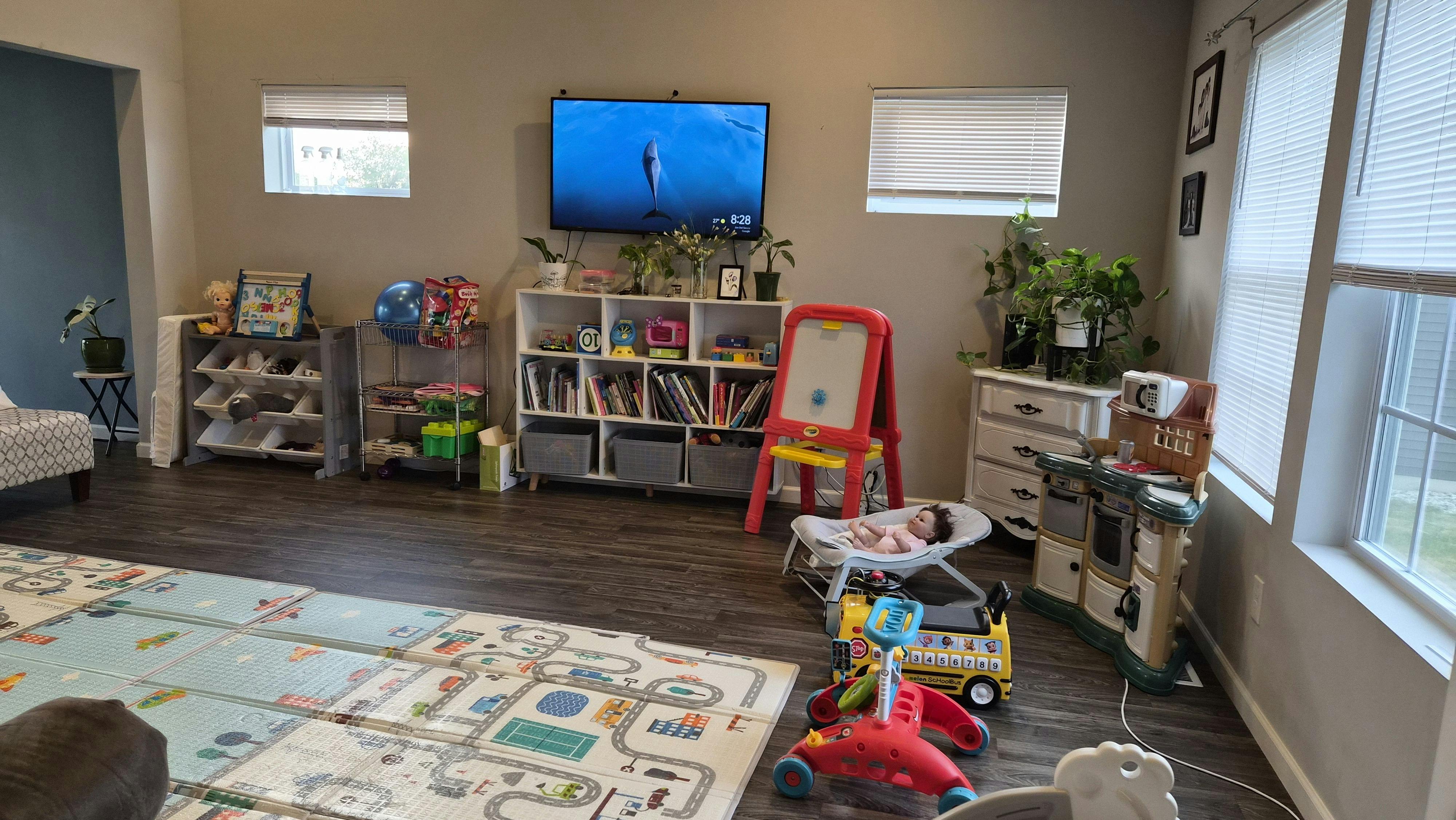 A living room with a TV showing a dolphin, bookshelves, and child's toys