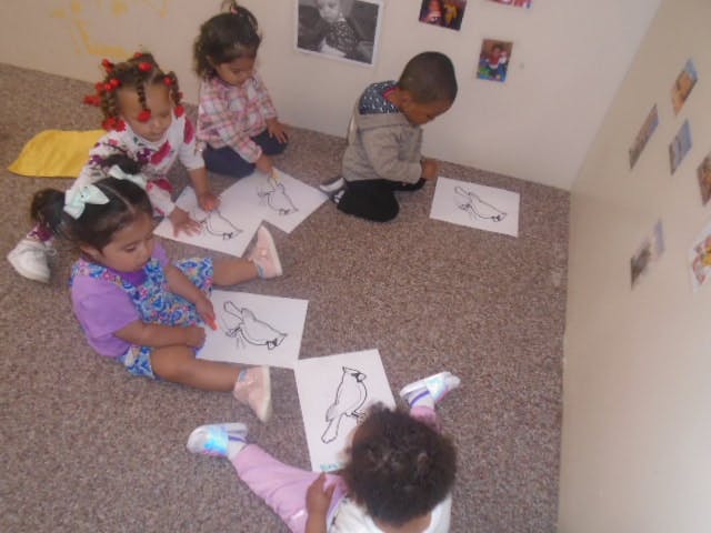 Children sitting on floor coloring bird drawings