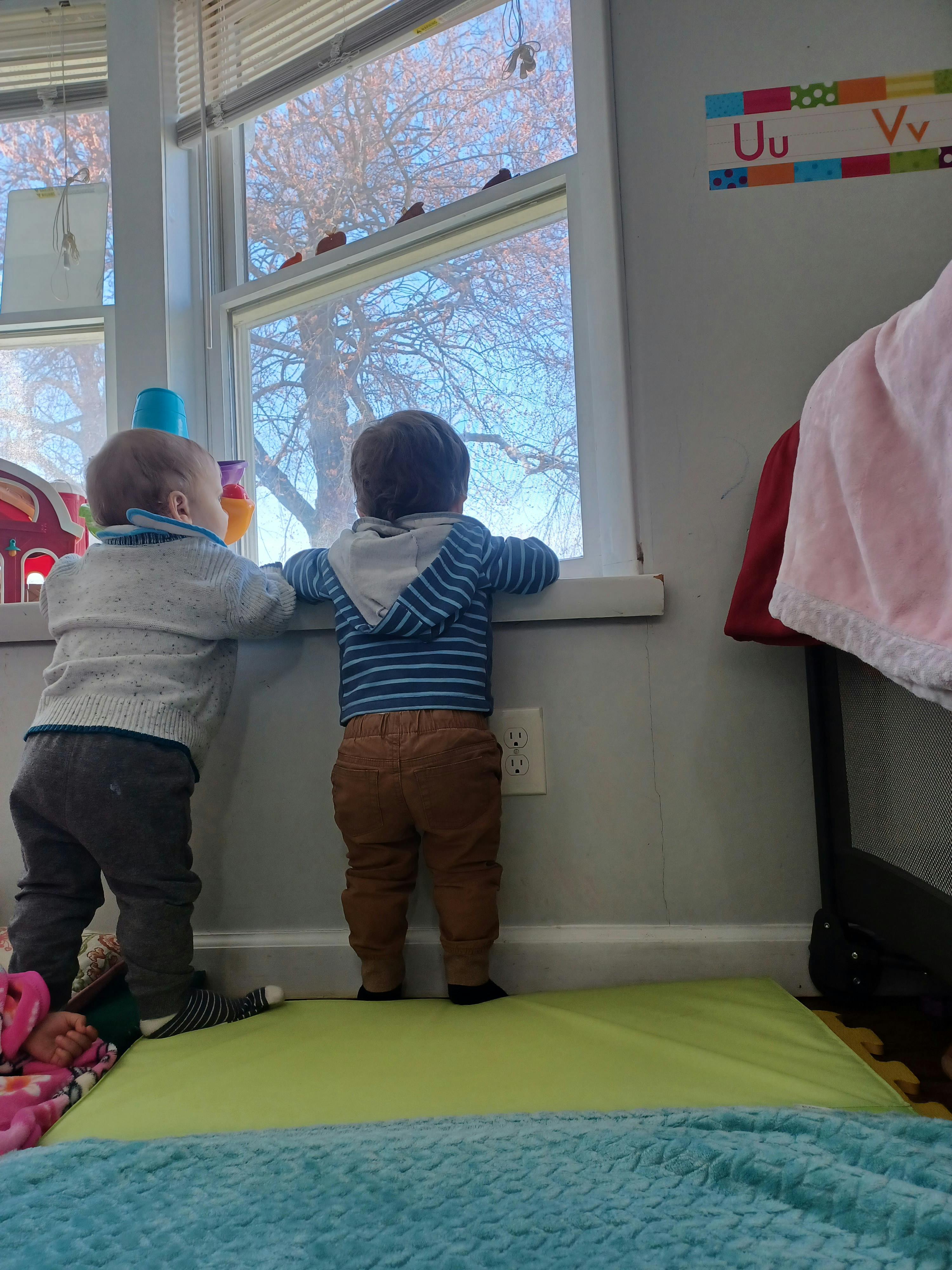 Two children looking out a window