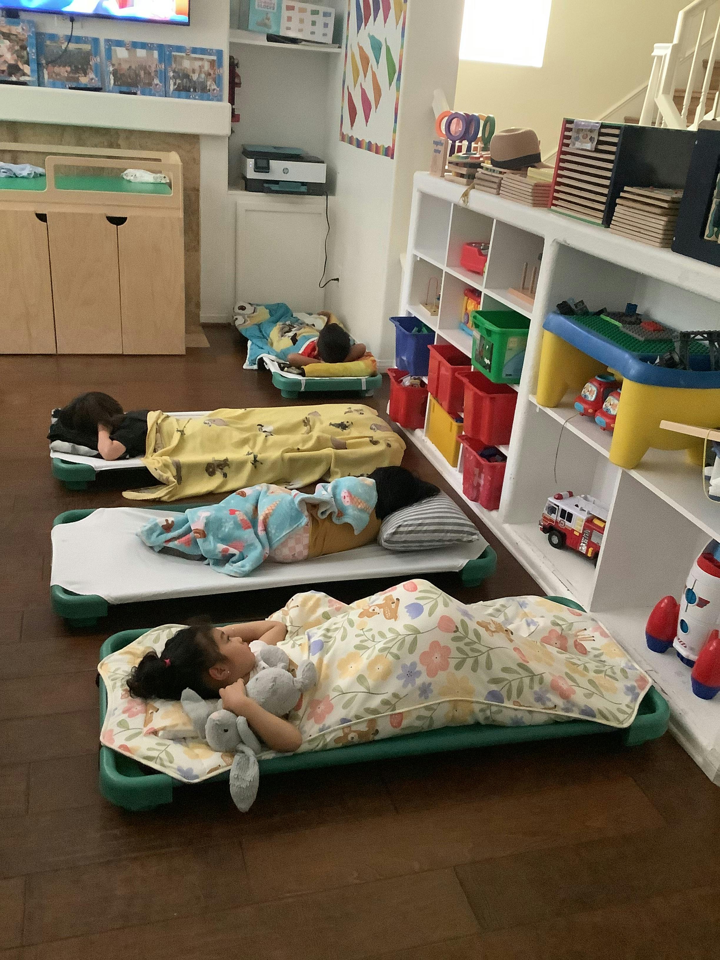 Children sleeping on cots in a classroom