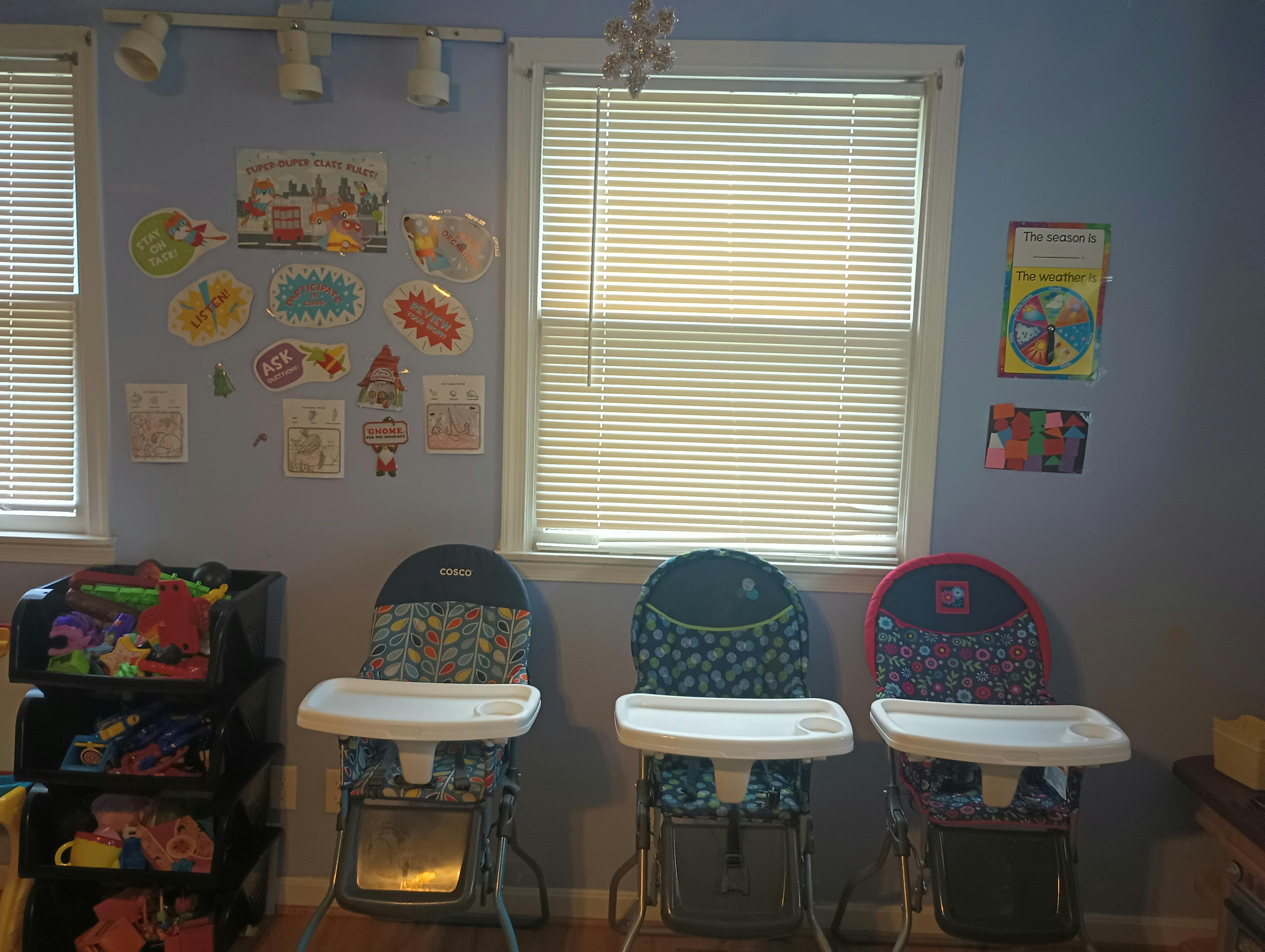 Three high chairs with patterned fabric in a room with windows and wall decorations