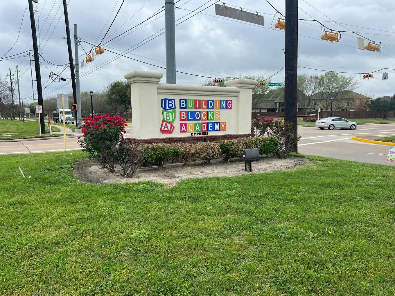 Sign for Building Blocks Academy with colorful letters