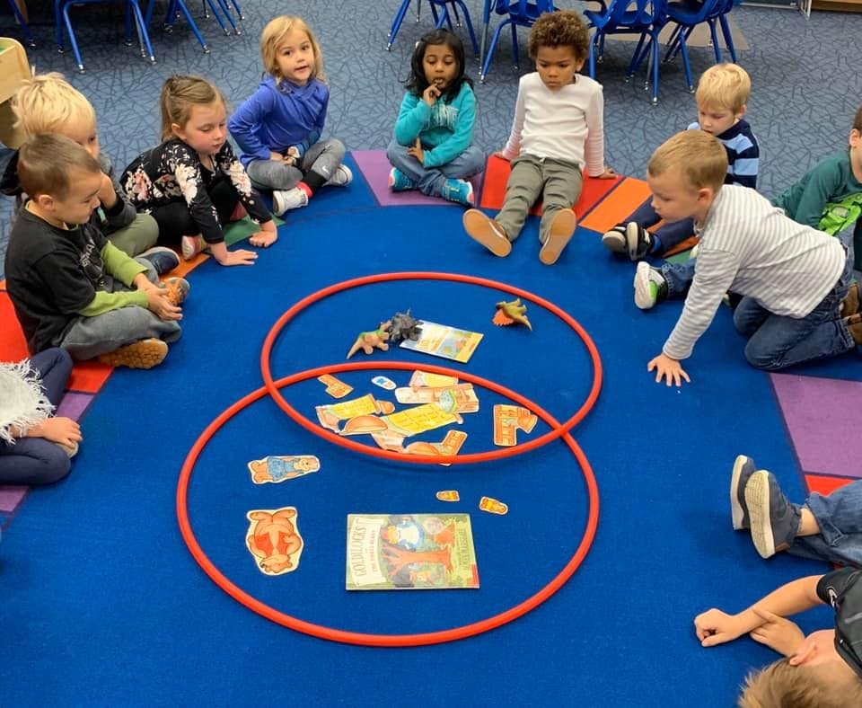 Children sitting on a blue mat with hoops and learning materials