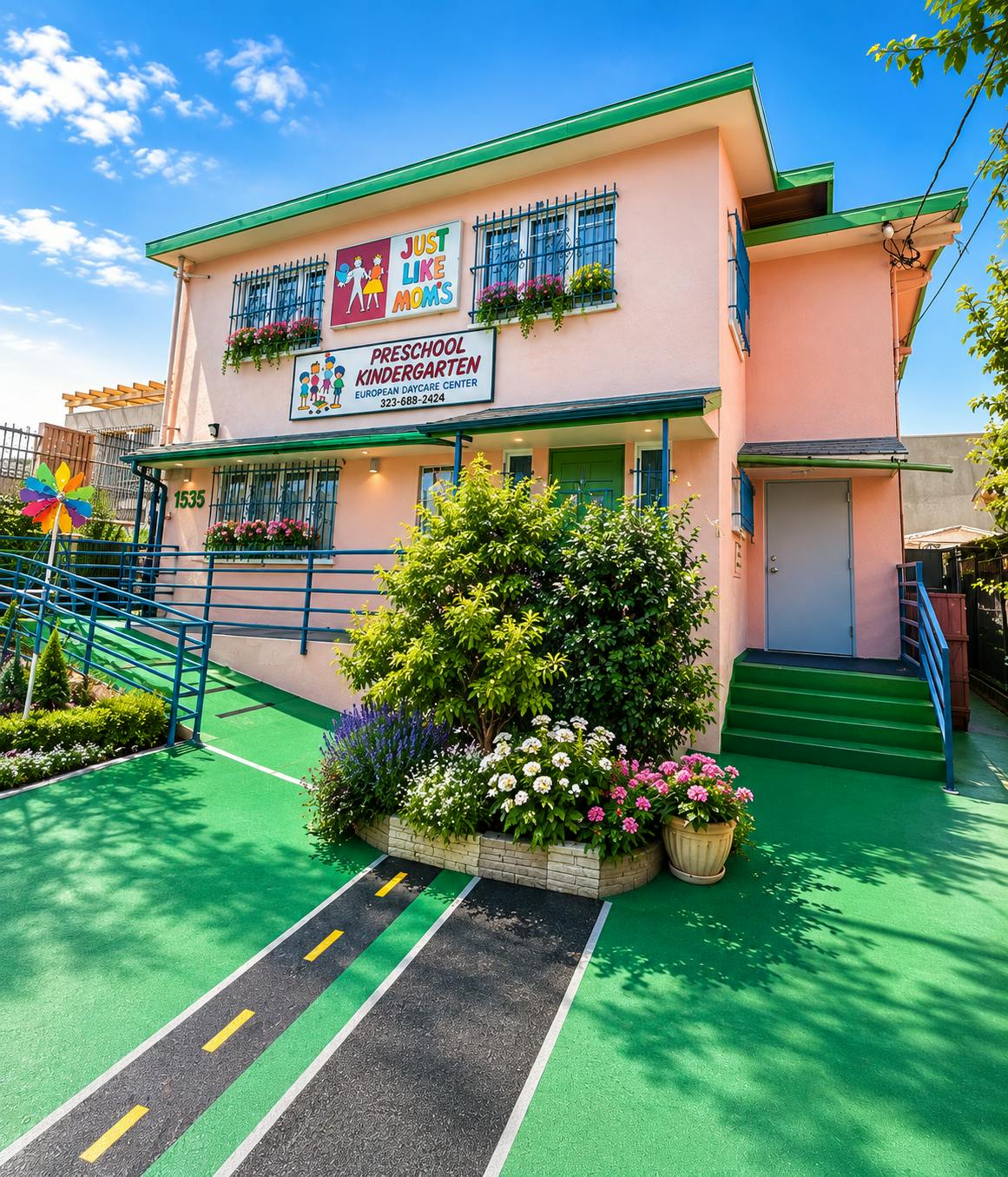 Exterior of Just Like Moms preschool and kindergarten with green entrance ramp