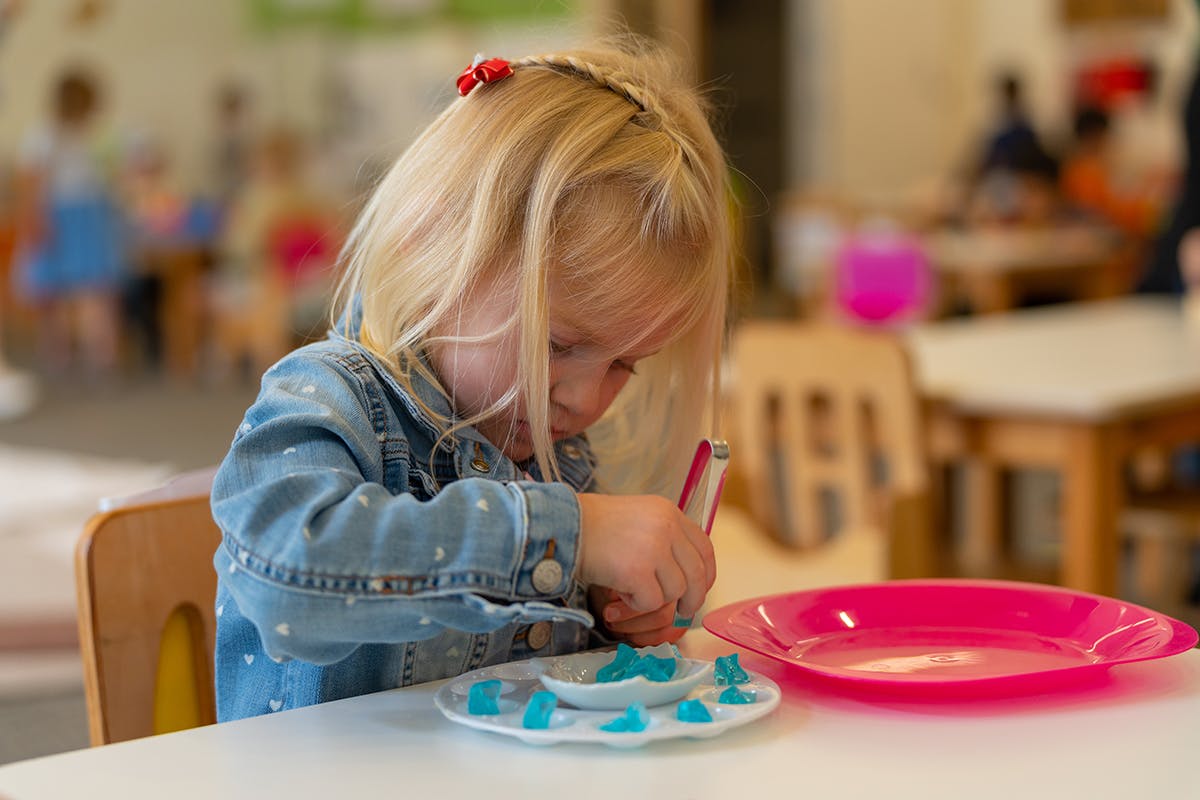 Child drawing on a plate with small blue objects