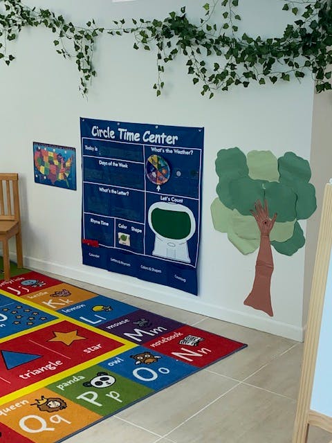 Classroom with a colorful alphabet rug and a "Circle Time Center" chart on the wall