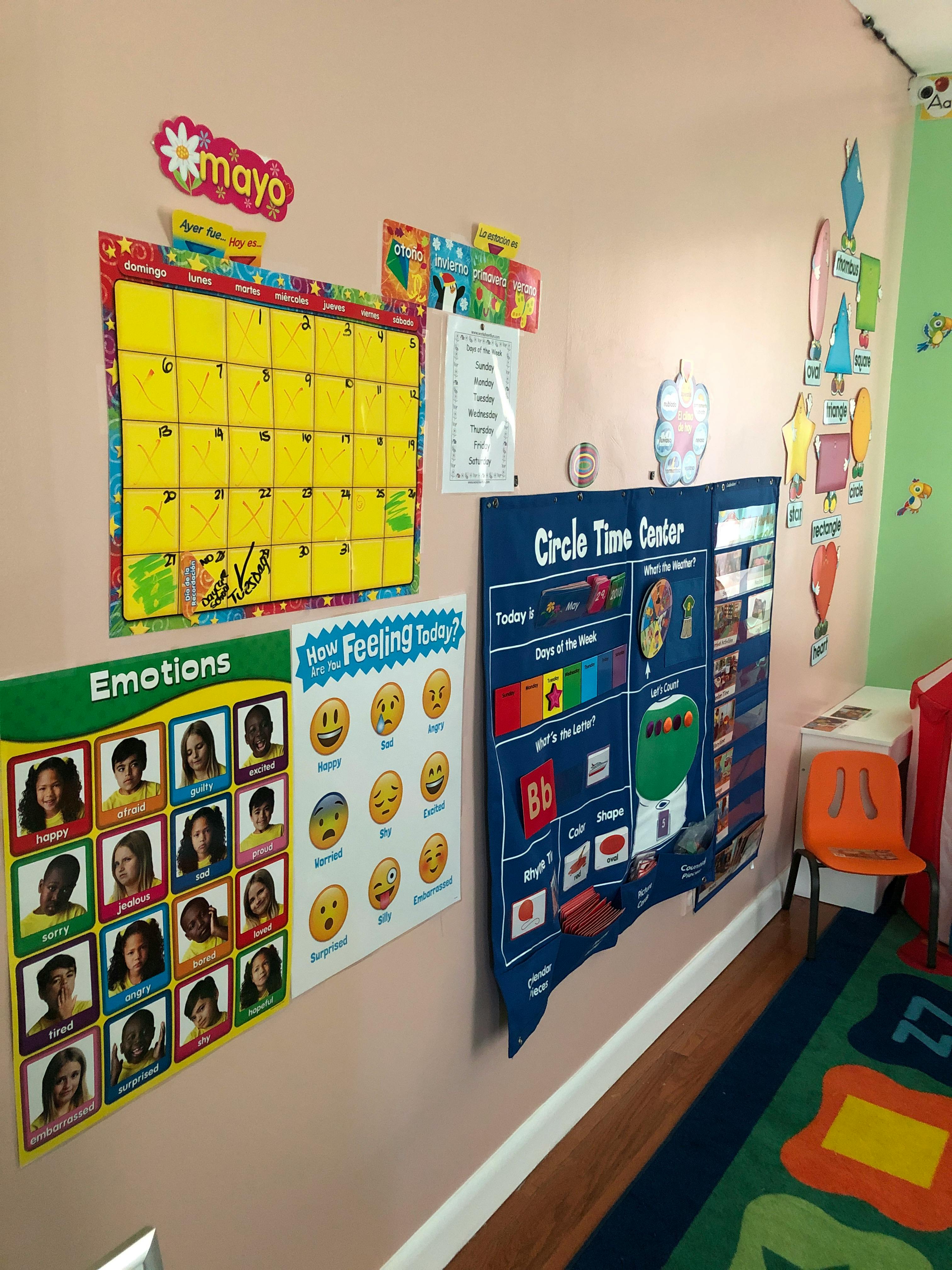 Classroom wall with a calendar, an emotions chart, and a circle time center