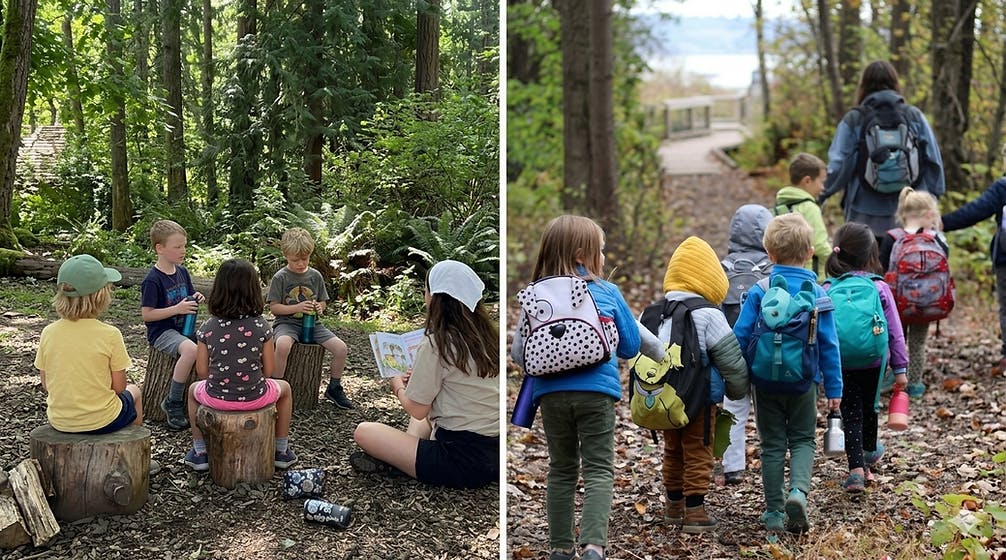 Children hiking with a person and children sitting on tree stumps listening to a person read a book