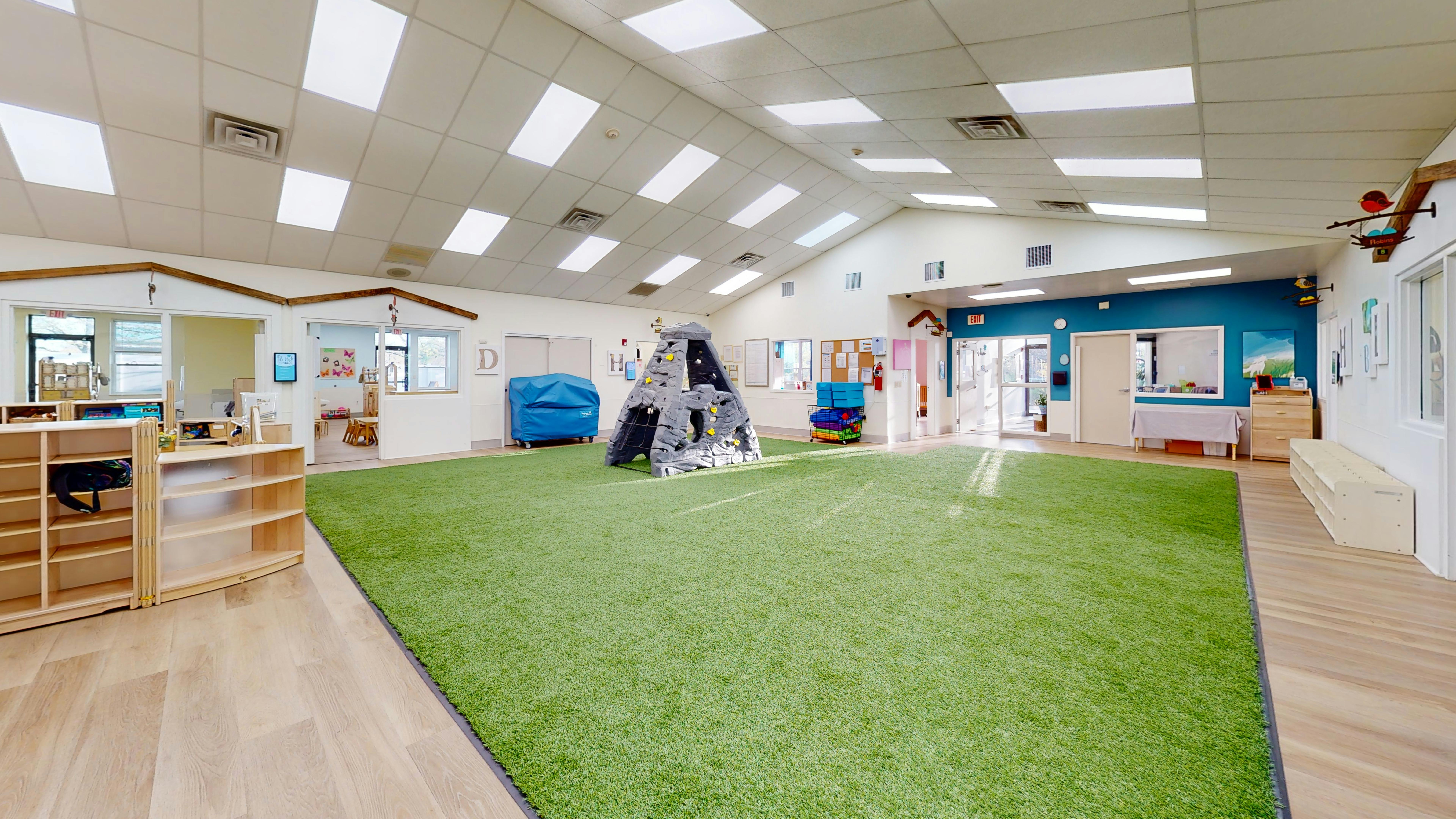 Indoor play area with green turf and wooden flooring