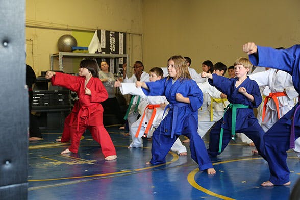 Children in martial arts uniforms practicing punches