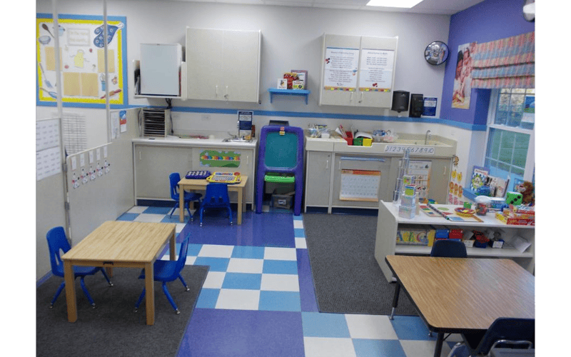 Classroom with small tables, chairs, and learning materials