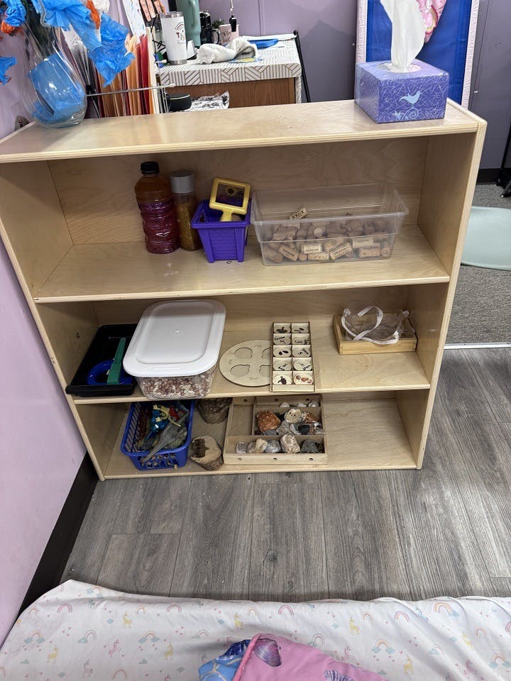 Wooden shelf filled with various educational toys and materials