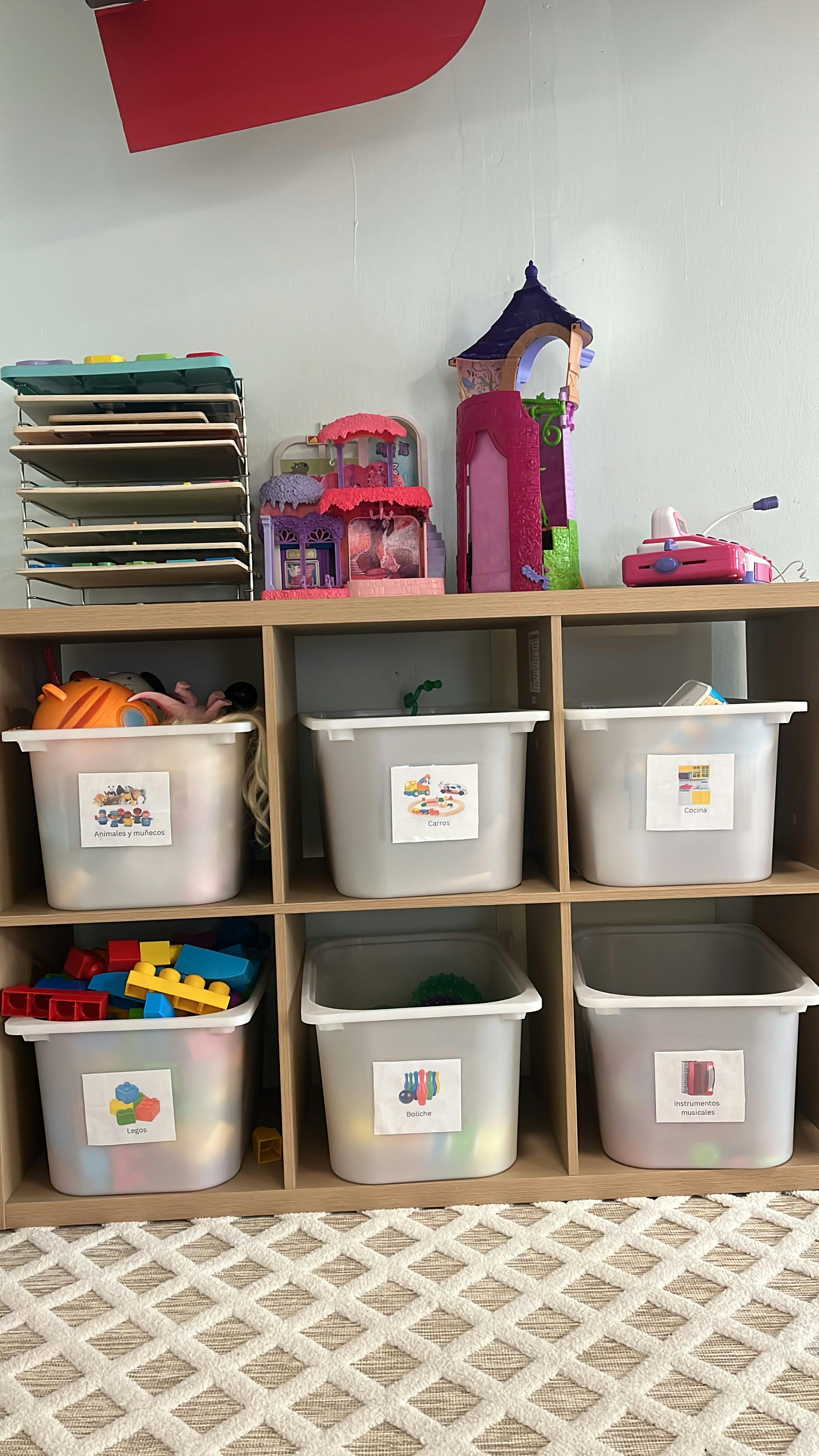 Shelves with toy bins and various toys