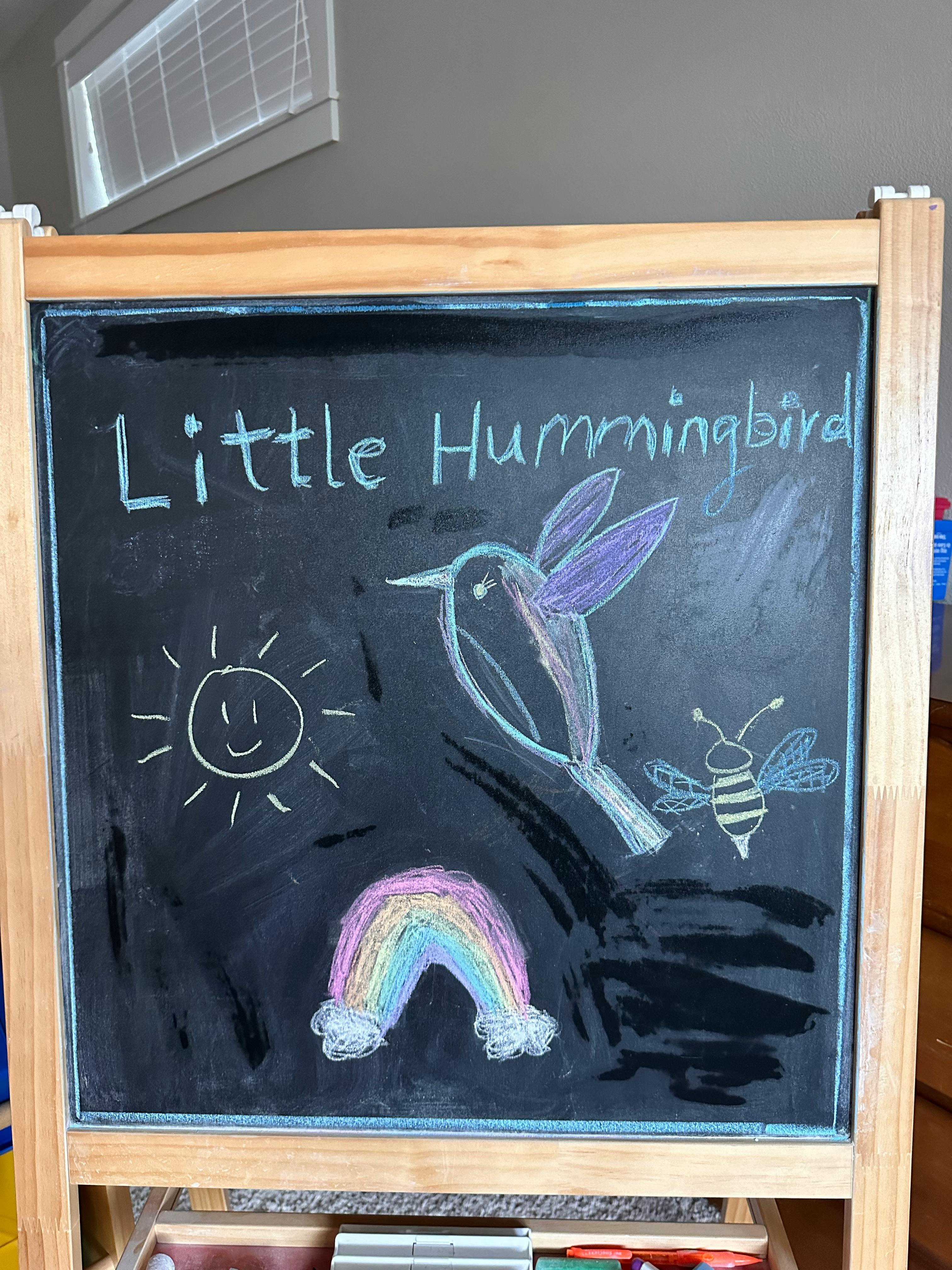 Chalk drawing of a hummingbird, bee, rainbow, and sun on a chalkboard