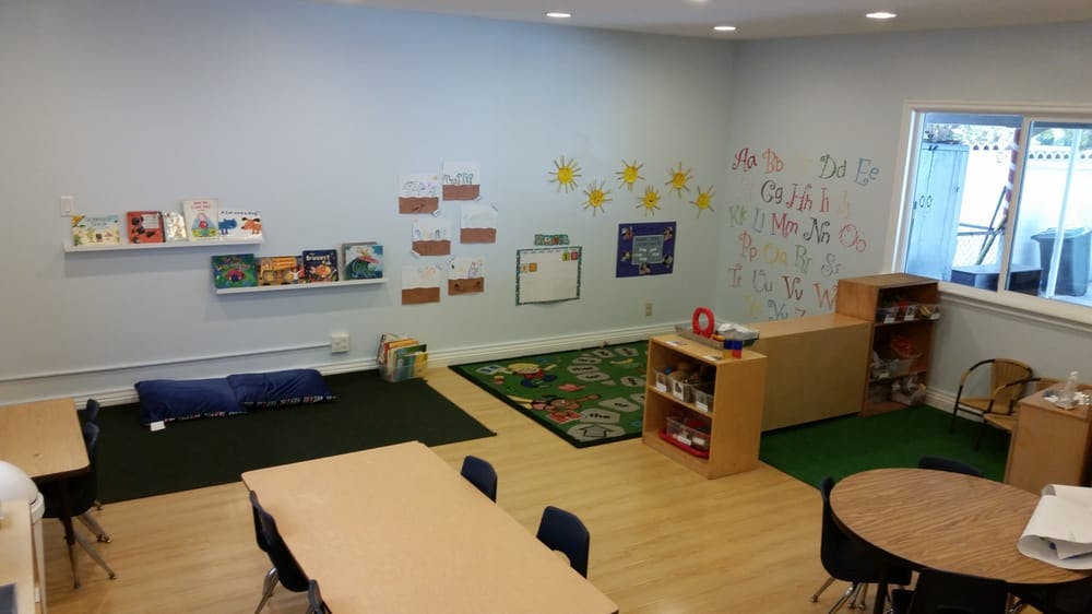 Classroom with tables, chairs, shelves, and wall decorations
